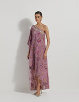 One Shoulder Velveteen Dress In Cross Stitch All Over Embroidery And Mirror Work Neck Line Detail