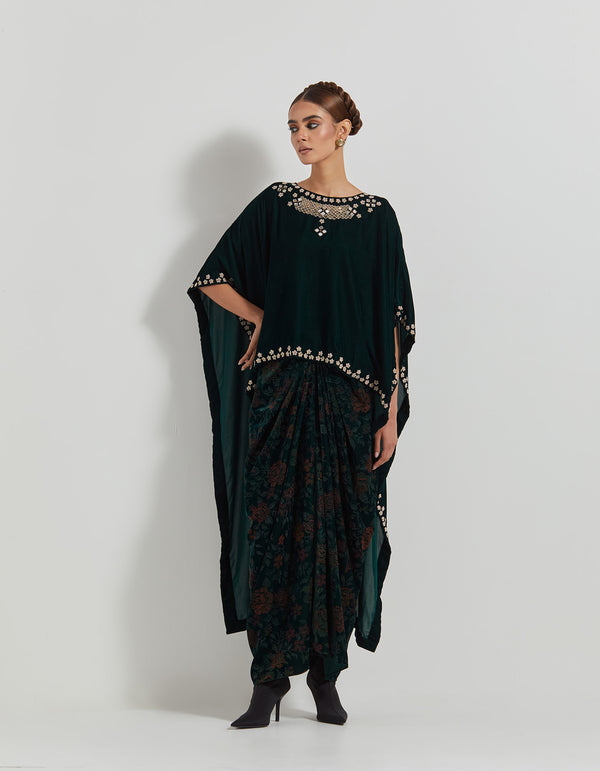 Bottle Green Velveteen Hand Embelllsihed High Low Cape Paired With Cowl Skirt And Hand Block Print