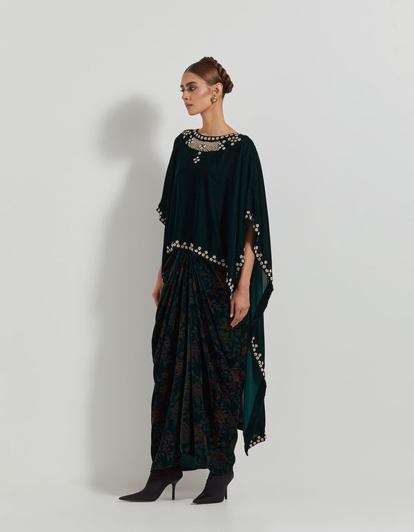 Bottle Green Velveteen Hand Embelllsihed High Low Cape Paired With Cowl Skirt And Hand Block Print