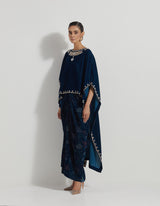 Velveteen Hand Embelllsihed High Low Cape Paired With Cowl Skirt And Hand Block Print