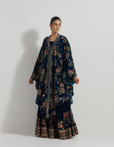 Teal Velveteen Cross Stitch And Hand Embroidred Cape Paired With Pleated Emrboidered Sharara Set