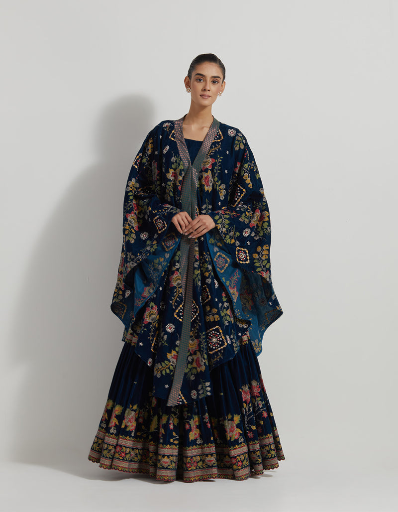 Teal Velveteen Cross Stitch And Hand Embroidred Cape Paired With Pleated Emrboidered Sharara Set