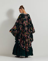 Bottle Green Velveteen Cross Stitch And Hand Embroidred Cape Paired With Pleated Emrboidered Sharara Pants And Bustier