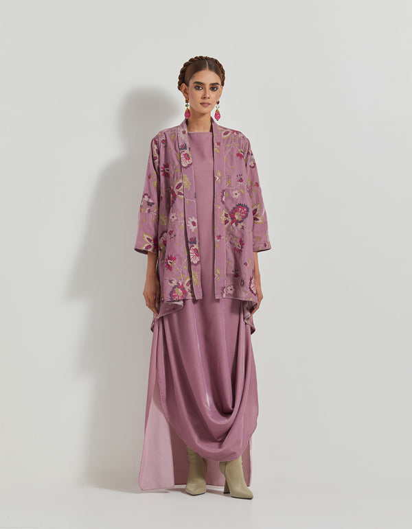 Lavender Velveteen Cross Stitch Emrbodiered Jacket Paired With Drape Dress