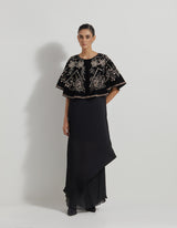 Hand Embellished Circular Cape Paired With Crinkle Silk Shaded Cowl Dress