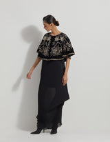 Hand Embellished Circular Cape Paired With Crinkle Silk Shaded Cowl Dress