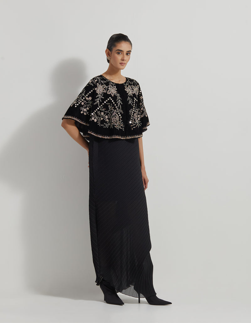 Hand Embellished Circular Cape Paired With Crinkle Silk Shaded Cowl Dress