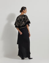 Hand Embellished Circular Cape Paired With Crinkle Silk Shaded Cowl Dress