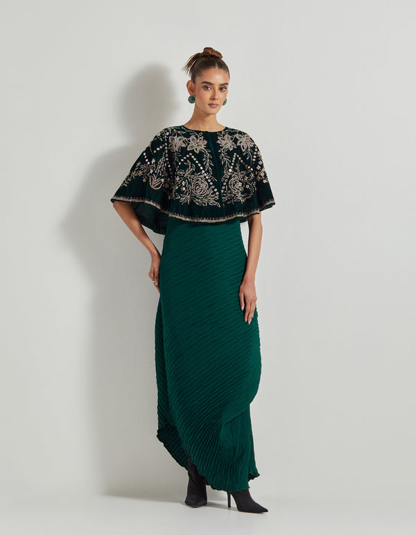 Bottle Green Hand Embellished Circular Cape With Crinkle Silk Shaded Cowl Dress