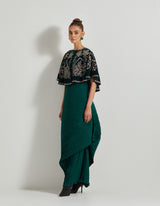 Bottle Green Hand Embellished Circular Cape With Crinkle Silk Shaded Cowl Dress