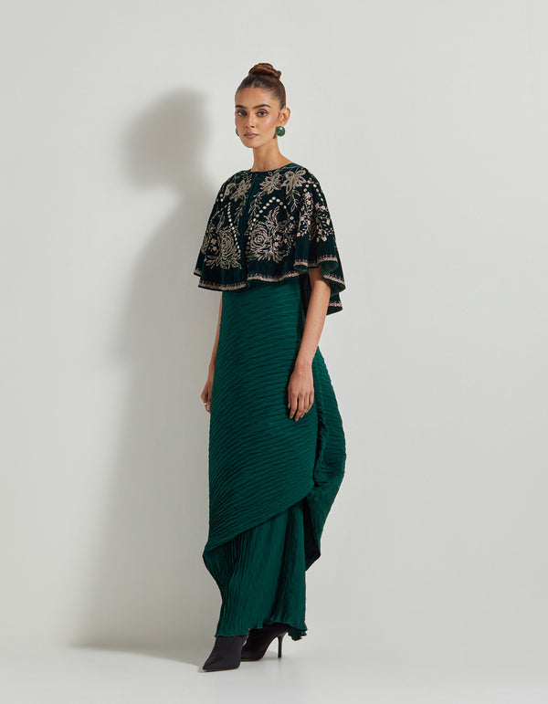 Bottle Green Hand Embellished Circular Cape With Crinkle Silk Shaded Cowl Dress