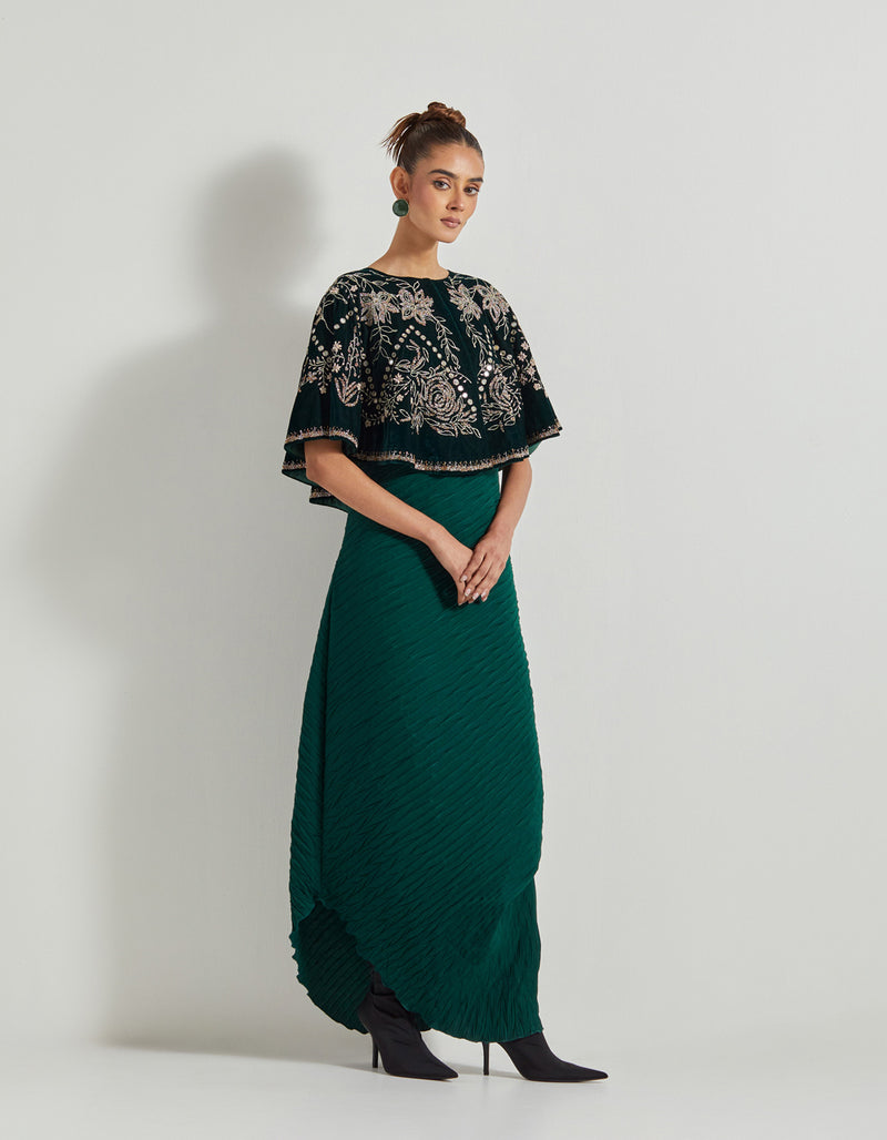 Bottle Green Hand Embellished Circular Cape With Crinkle Silk Shaded Cowl Dress