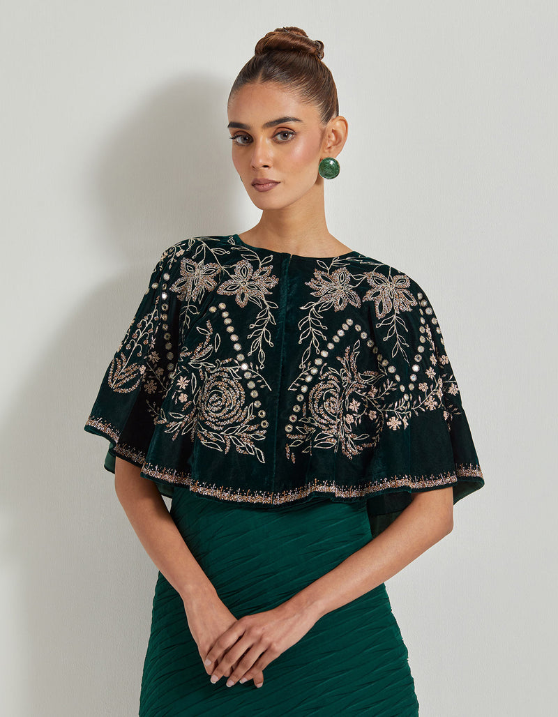 Bottle Green Hand Embellished Circular Cape With Crinkle Silk Shaded Cowl Dress