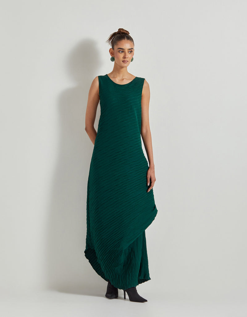 Bottle Green Hand Embellished Circular Cape With Crinkle Silk Shaded Cowl Dress