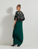 Bottle Green Hand Embellished Circular Cape With Crinkle Silk Shaded Cowl Dress