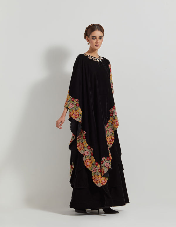 Black Asymetric Velveteen Cape With Neckline Hand Embroidery Paired With Tiered Velveteen Skirt