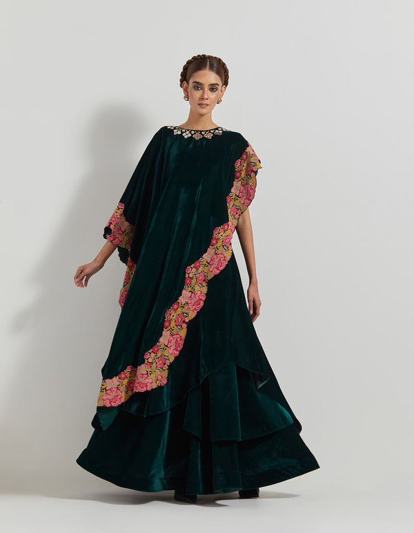 Bottle Green Asymetric Velveteen Cape With Neckline Hand Embroidery Paired With Tiered Velveteen Skirt