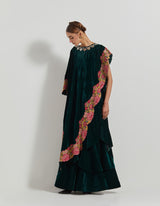 Bottle Green Asymetric Velveteen Cape With Neckline Hand Embroidery Paired With Tiered Velveteen Skirt