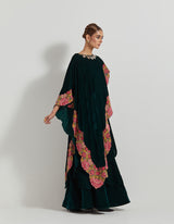 Bottle Green Asymetric Velveteen Cape With Neckline Hand Embroidery Paired With Tiered Velveteen Skirt