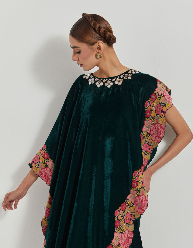 Bottle Green Asymetric Velveteen Cape With Neckline Hand Embroidery Paired With Tiered Velveteen Skirt