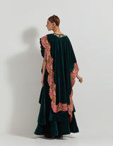 Bottle Green Asymetric Velveteen Cape With Neckline Hand Embroidery Paired With Tiered Velveteen Skirt