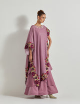 Lavender Asymetric Velveteen Cape With Neckline Hand Embroidery Paired With Tiered Velveteen Skirt