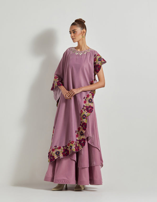 Lavender Asymetric Velveteen Cape With Neckline Hand Embroidery Paired With Tiered Velveteen Skirt