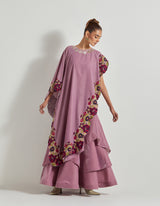 Lavender Asymetric Velveteen Cape With Neckline Hand Embroidery Paired With Tiered Velveteen Skirt