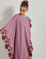 Lavender Asymetric Velveteen Cape With Neckline Hand Embroidery Paired With Tiered Velveteen Skirt