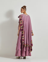 Lavender Asymetric Velveteen Cape With Neckline Hand Embroidery Paired With Tiered Velveteen Skirt