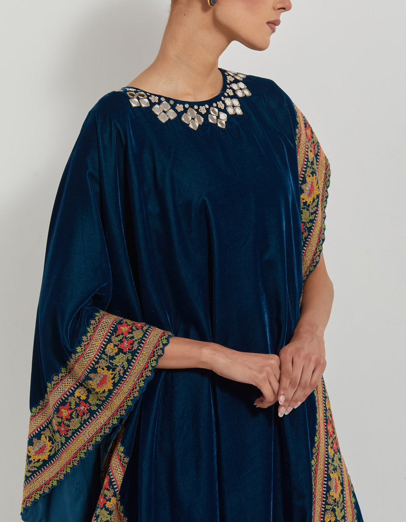 Teal Asymetric Velveteen Cape With Neckline Hand Embroidery Paired With Tiered Velveteen Skirt