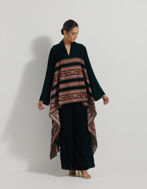 Velveteen Cross Stitch Embroidered Tunic Paired With Wide Pants