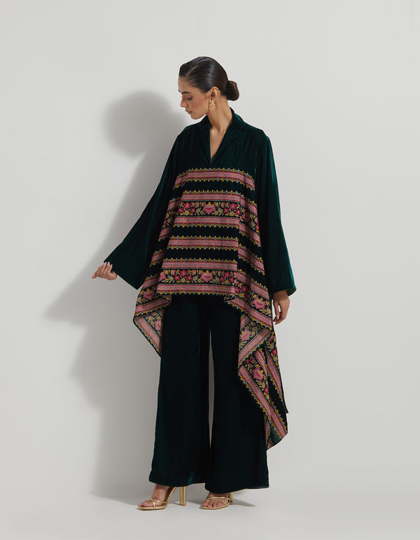 Velveteen Cross Stitch Embroidered Tunic Paired With Wide Pants