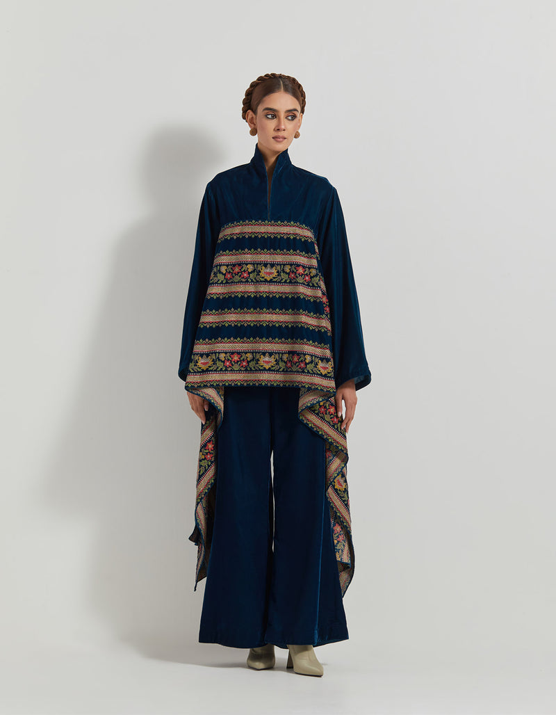 Teal Velveteen Cross Stitch Embroidered Tunic Paired With Wide Pants