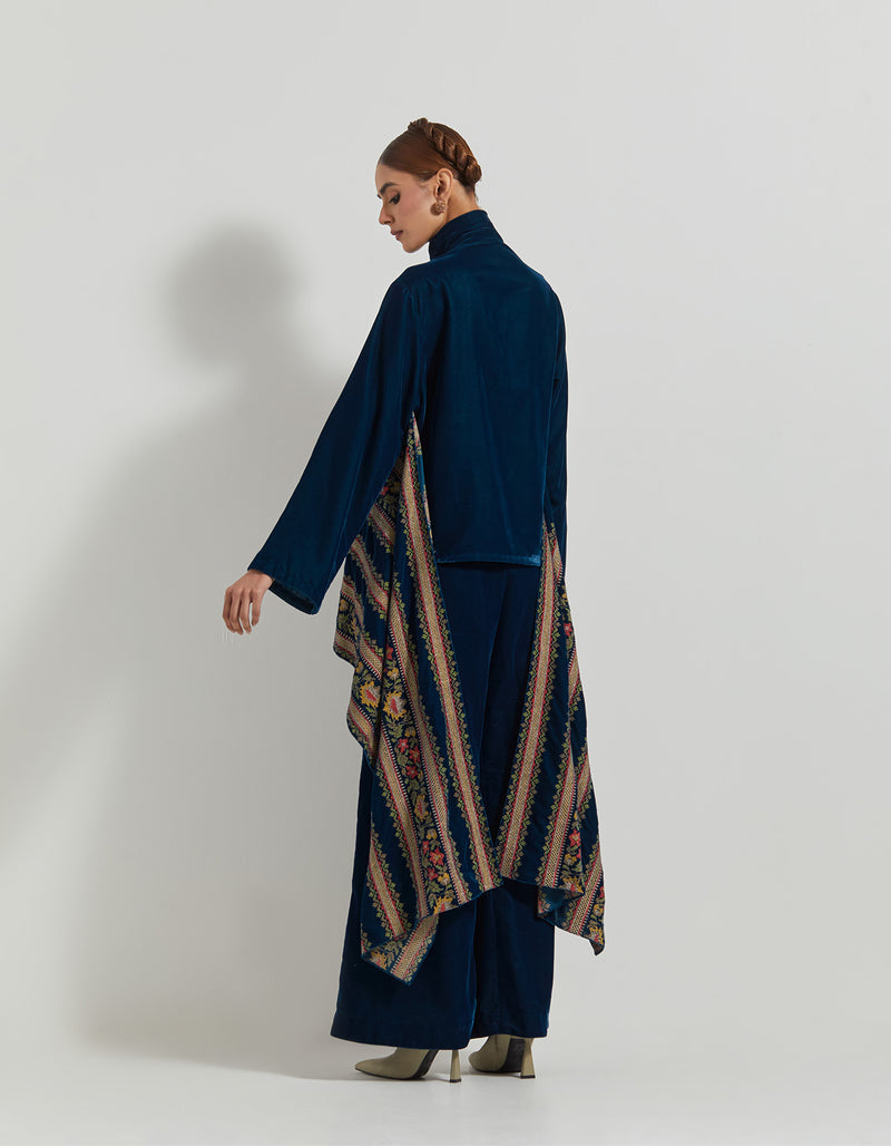 Teal Velveteen Cross Stitch Embroidered Tunic Paired With Wide Pants