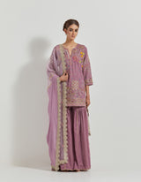 Lavender Velveteen Zardozi Embroidered Kurti Paired With Panelled Sharara Pants And Organza And Velvteen Dupatta