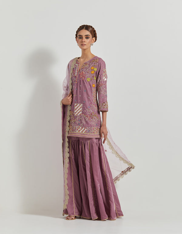 Lavender Velveteen Zardozi Embroidered Kurti Paired With Panelled Sharara Pants And Organza And Velvteen Dupatta