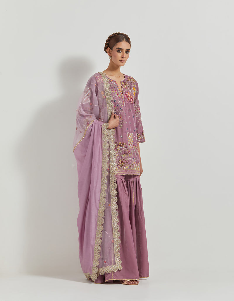 Lavender Velveteen Zardozi Embroidered Kurti Paired With Panelled Sharara Pants And Organza And Velvteen Dupatta