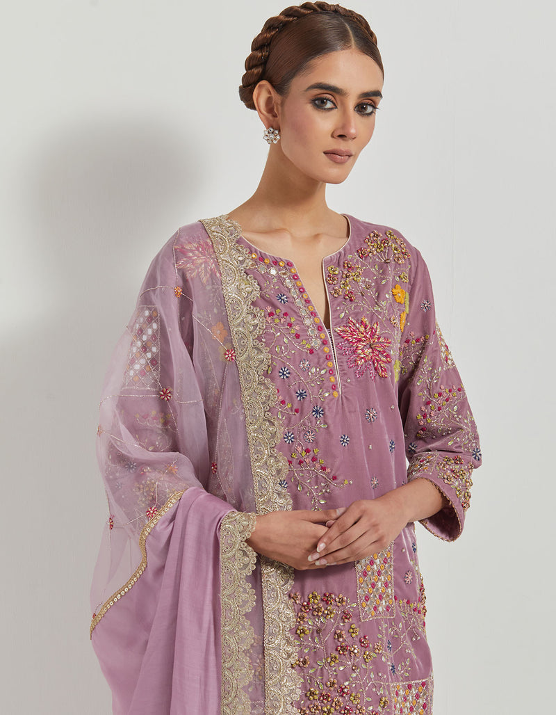 Lavender Velveteen Zardozi Embroidered Kurti Paired With Panelled Sharara Pants And Organza And Velvteen Dupatta