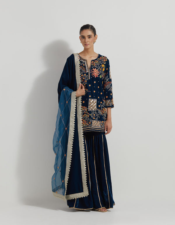 Velveteen Zardozi Embroidered Kurti Paired With Panelled Sharara Pants And Organza And Velvteen Dupatta