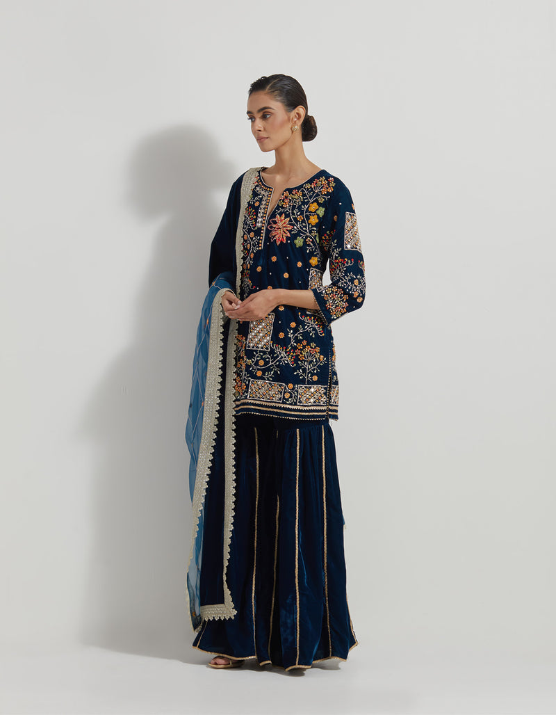 Velveteen Zardozi Embroidered Kurti Paired With Panelled Sharara Pants And Organza And Velvteen Dupatta