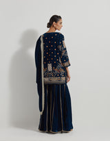 Velveteen Zardozi Embroidered Kurti Paired With Panelled Sharara Pants And Organza And Velvteen Dupatta