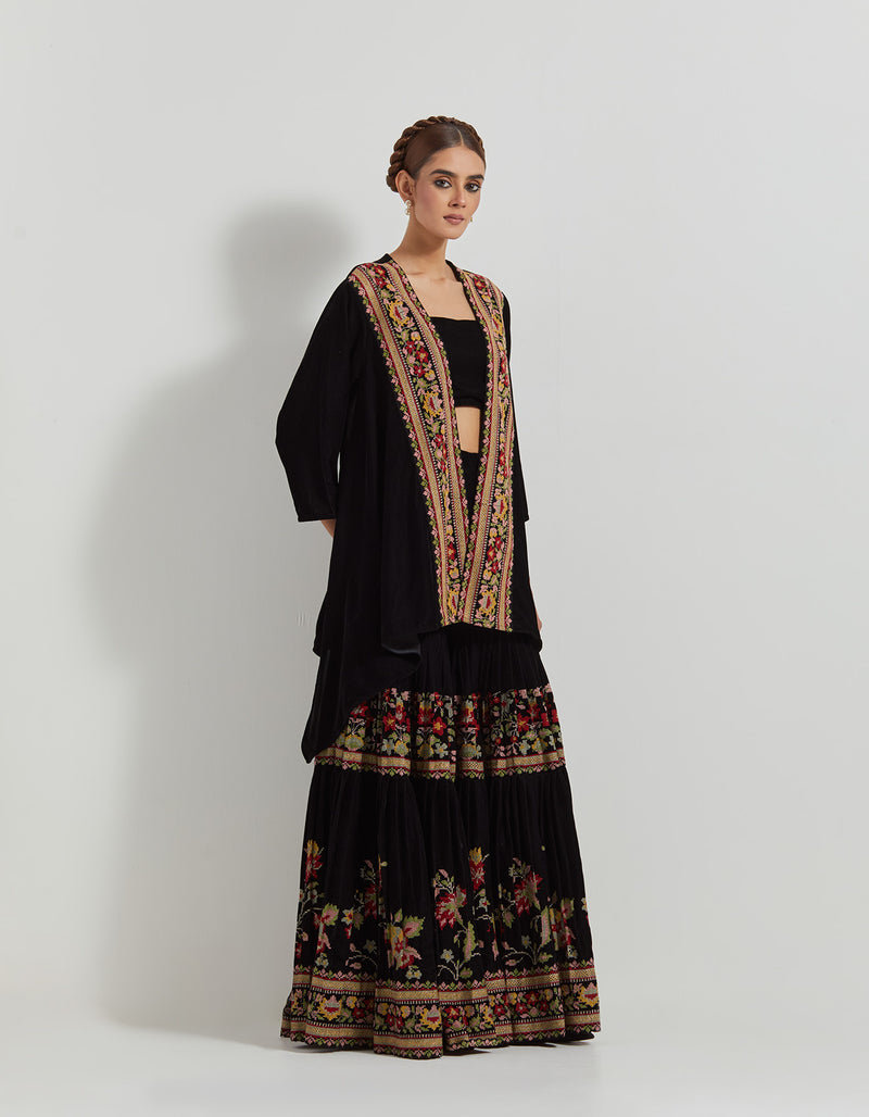 Black Velveteen Pleated Sharara Pants Paired With Bustier And Jacket