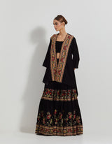 Black Velveteen Pleated Sharara Pants Paired With Bustier And Jacket