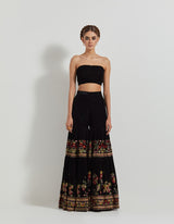 Black Velveteen Pleated Sharara Pants Paired With Bustier And Jacket