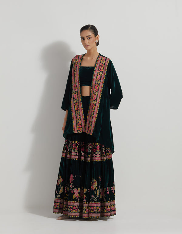 Velveteen Pleated Sharara Pants Paired With Bustier And Jacket