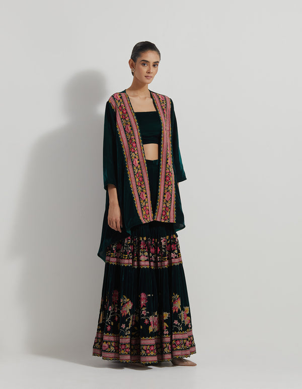 Velveteen Pleated Sharara Pants Paired With Bustier And Jacket