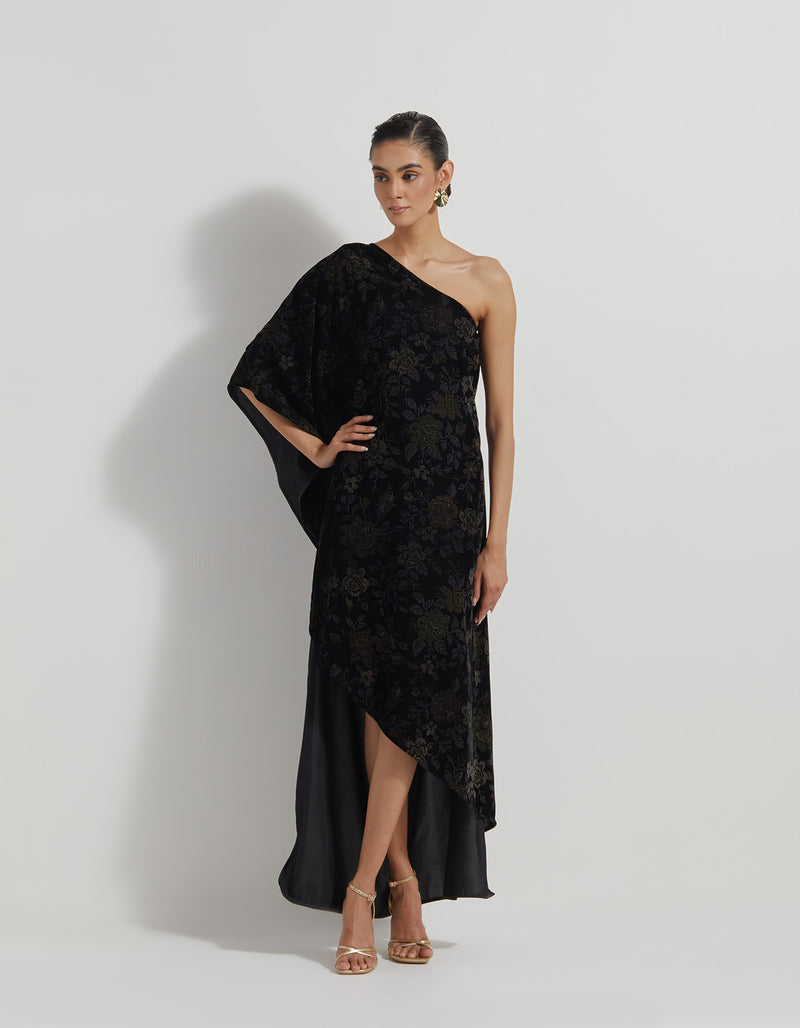 Black One Shoulder Velveteen Dress In Floral Hand Block Print