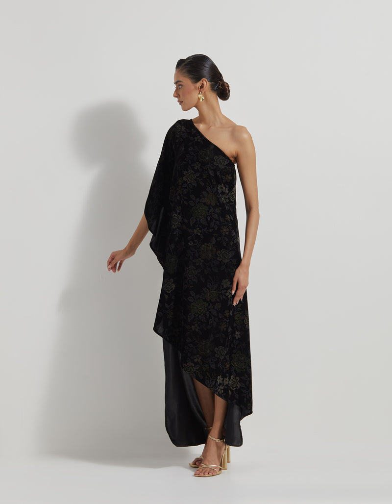 Black One Shoulder Velveteen Dress In Floral Hand Block Print