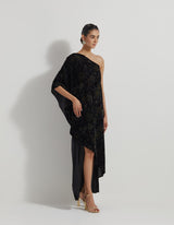 Black One Shoulder Velveteen Dress In Floral Hand Block Print